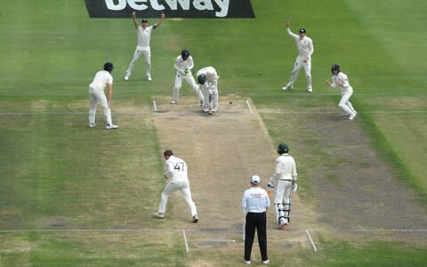 Anrich Nortje is bowled by Dom Bess  - Credit: Stu Forster/Getty Images