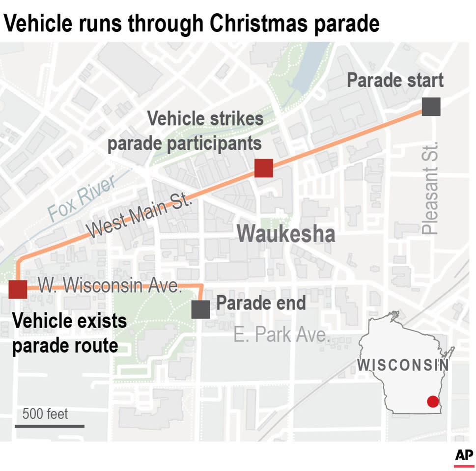 Map of the Waukesha, Wisconsin Christmas parade route and shows where an SUV plowed into parade marchers and bystanders