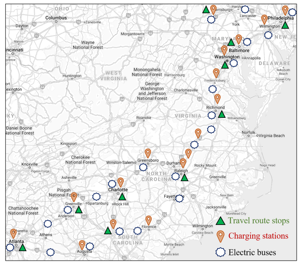 Interstate map of electric vehicle charging station across East Coast studied by Hajibabai at North Carolina State University