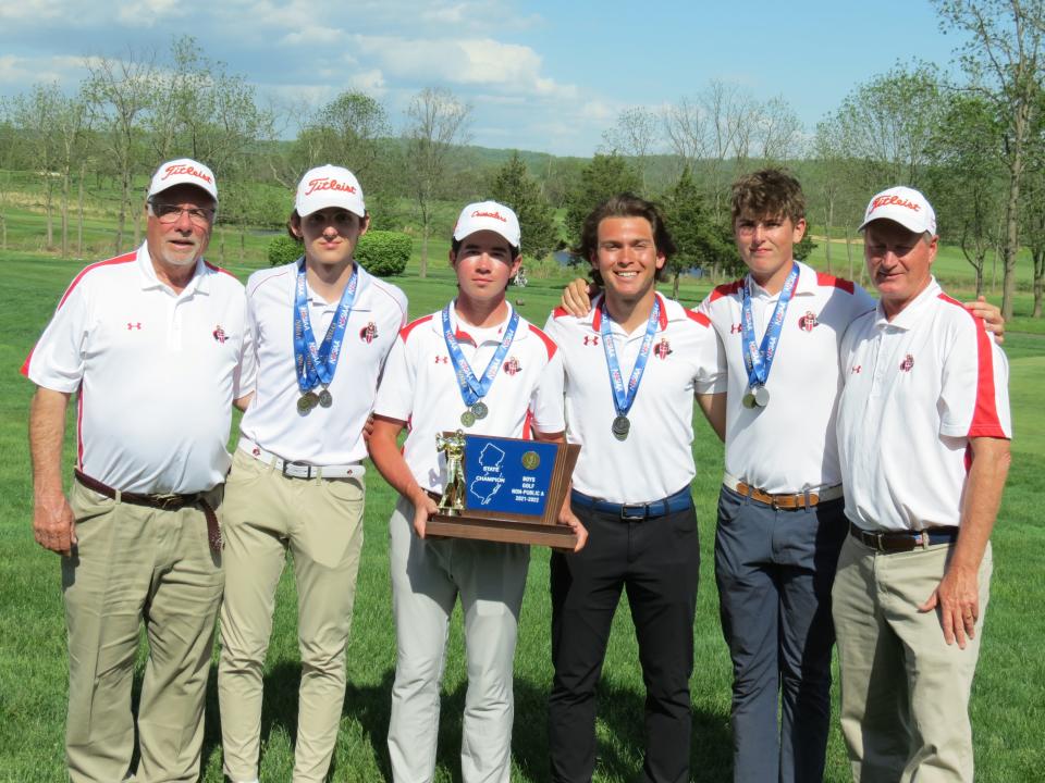 Bergen Catholic golf capped its season by winning the State Non-Public A title. From left: coach Jim Jacobsen, Ryan Applin, Thomas O'Neill, Nick Schwake, Liam White, and assistant Dave Monahan.