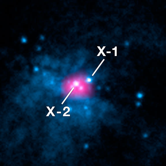 The core of galaxy Messier 82 (M82) contains two ultraluminous X-ray sources (or ULXs), X-1 and X-2.