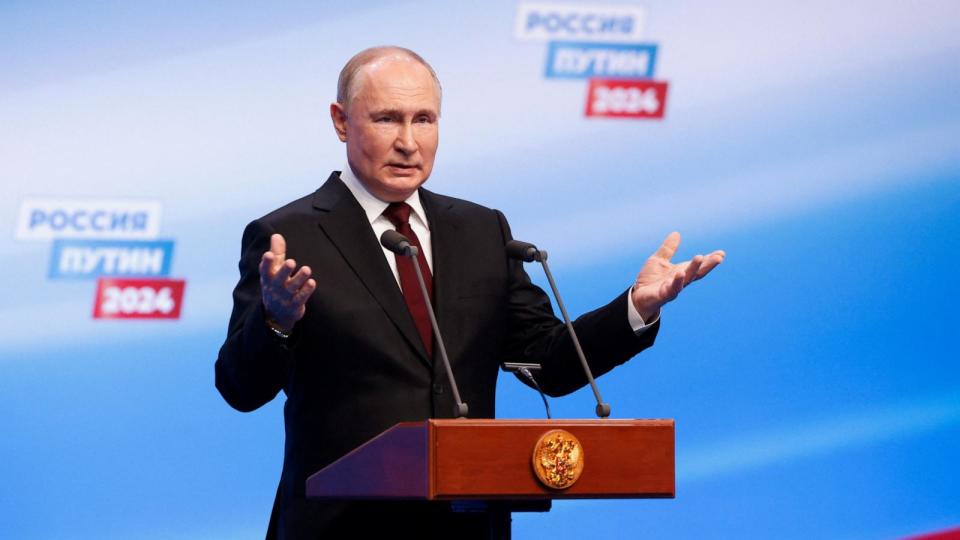 PHOTO: Russian presidential candidate and incumbent President Vladimir Putin visits his election campaign headquarters, after polling stations closed on the final day of the presidential election in Moscow, March 17, 2024. (Maxim Shemetov/Reuters)