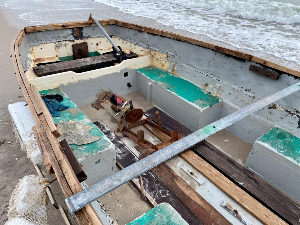 A view inside the unoccupied boat that washed ashore over Thanksgiving weekend at Juan Ponce de León Landing.