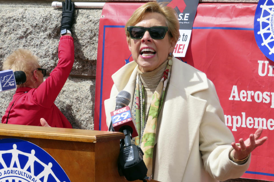 Attorney Nancy Erika Smith speaks during a rally in Trenton N.J., on April 5, 2024, after the United Auto Workers and casino workers filed a lawsuit challenging New Jersey's clean indoor air law that exempts casino workers from its protections. (AP Photo/Wayne Parry)