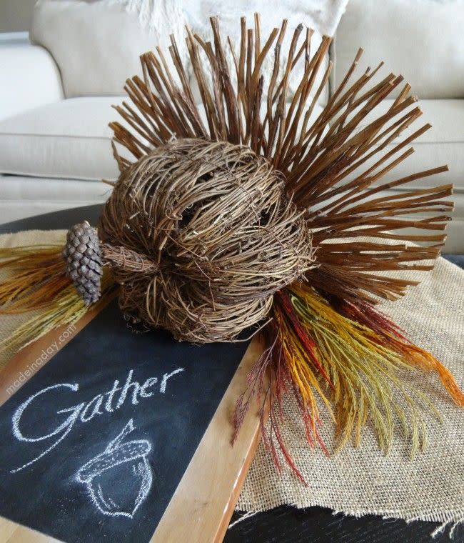 <p>Made from mostly sticks and twigs, this turkey decoration is full of charm. Kids can even help collect materials in the backyard.</p><p><em><a href="http://madeinaday.com/2013/11/06/rustic-turkey-centerpiece-turkeytablescapes/" rel="nofollow noopener" target="_blank" data-ylk="slk:Get the tutorial at Made in a Day »;elm:context_link;itc:0;sec:content-canvas" class="link ">Get the tutorial at Made in a Day »</a></em></p>