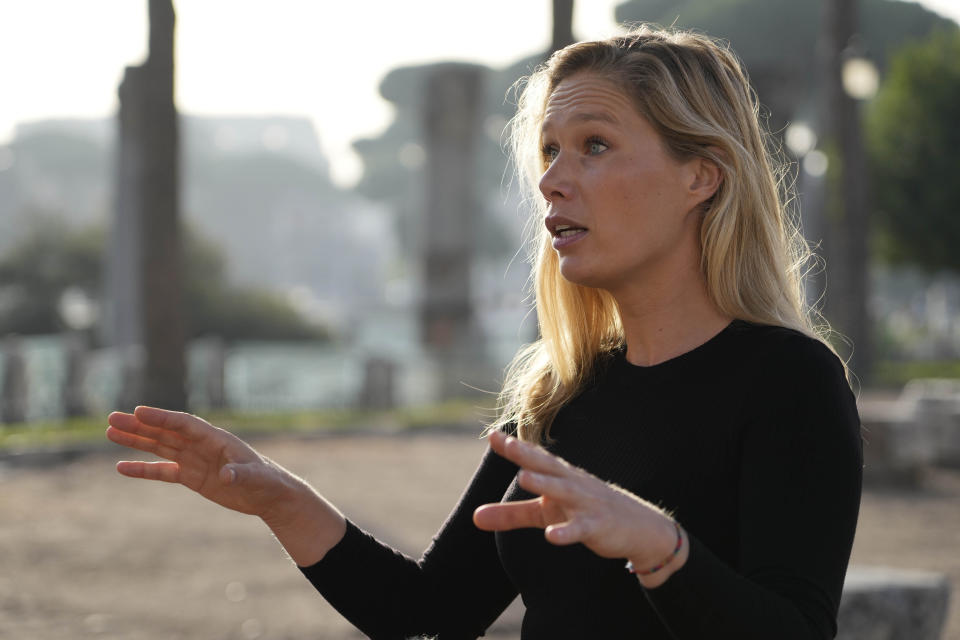 Laura Hart, campaign director of Safeguard Defenders is interviewed by the Associated Press in Rome, Thursday, Oct. 27, 2022. China has reportedly established dozens of “overseas police stations” in nations around the world that activists fear could be used to track and harass dissidents as part of Beijing’s crackdown on corruption. Spanish-based non-government group Safeguard Defenders published a report last month called “110 Overseas. Chinese Transnational Policing Gone Wild” that focused on the foreign stations. (AP Photo/Gregorio Borgia)