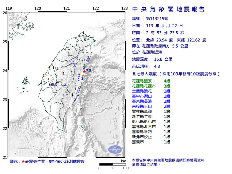 花蓮海域凌晨2點53分發生規模4.8地震，最大震度4級。   圖：氣象署提供