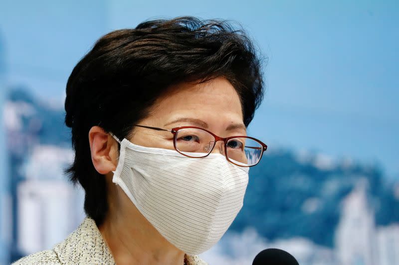 Hong Kong Chief Executive Carrie Lam speaks during a news conference on the global outbreak of the coronavirus disease (COVID-19) in Hong Kong