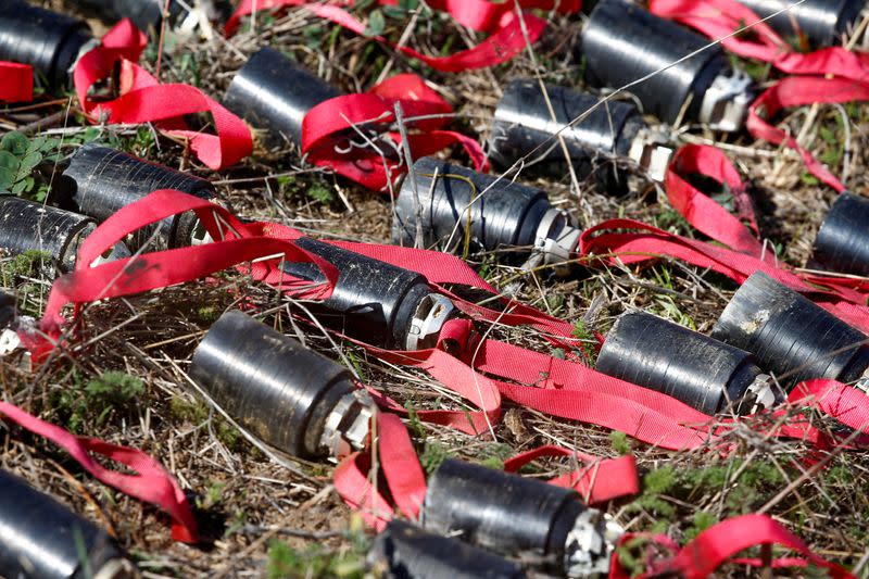 Unexploded cluster bomblets collected after recent shelling during the military conflict over the breakaway region of Nagorno-Karabakh are seen on the outskirts of Stepanakert