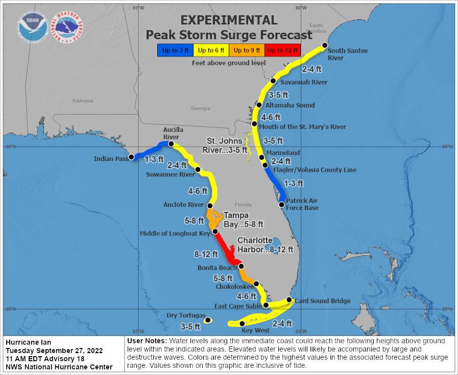 A map showing the storm surge levels that are expected in Florida as Hurricane Ian approaches.