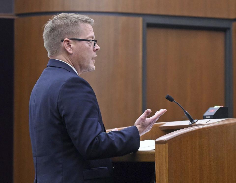 North Dakota Solicitor General Matt Sagsveen argues speaks before the North Dakota Supreme Court on Tuesday, Nov. 29, 2022, in Bismarck, N.D. (Tom Stromme/The Bismarck Tribune via AP)