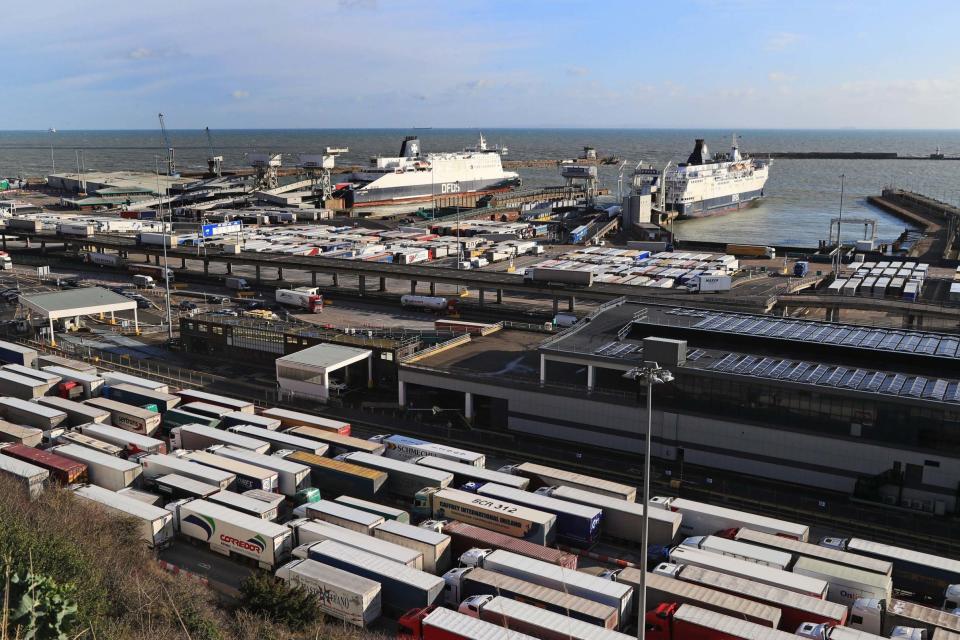 Lorries queue for ferries at the Port of Dover in Kent. (PA)
