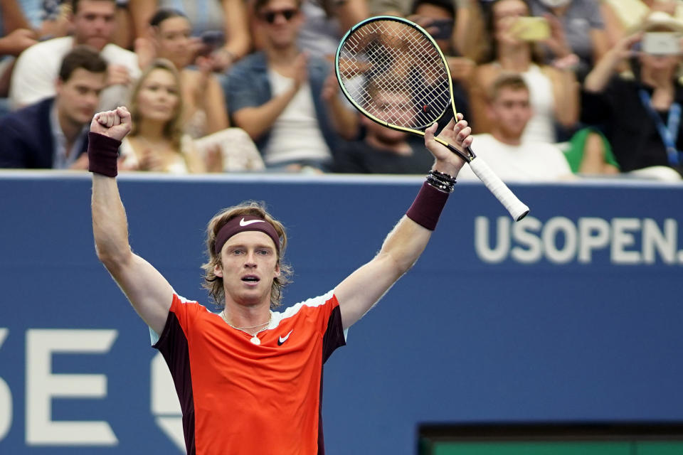 Andrey Rublev, of Russia, celebrates after defeating Cameron Norrie, of Great Britain, during the fourth round of the U.S. Open tennis championships, Monday, Sept. 5, 2022, in New York. (AP Photo/Eduardo Munoz Alvarez)