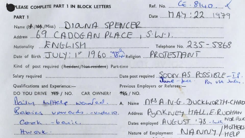 The job contract, believed to be Princess Diana’s first, was filled out when she was just 17. - Auctioneum Ltd