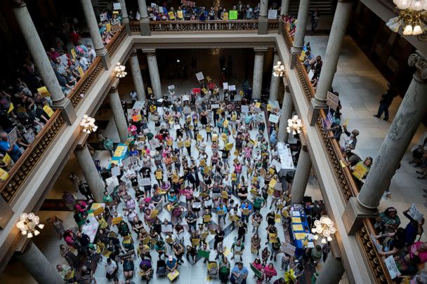 PHOTO: Abortion rights supporters rally at the Statehouse in Indianapolis, on July 25, 2022. (AJ Mast via AP)