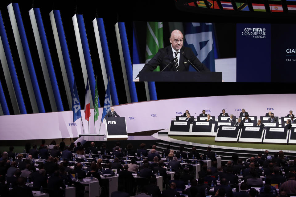 FIFA President Gianni Infantino delivers his speech during the 69th FIFA congress in Paris, Wednesday, June 5, 2019. Hours ahead of his re-election unopposed, Infantino tells 211 member federations that today “nobody talks about crisis.” (AP Photo/Alessandra Tarantino)