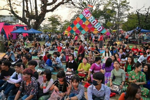 Supporters of Myanmar's lesbian, gay, bisexual, and transgender community taking part in the Yangon Pride festival in January 2019