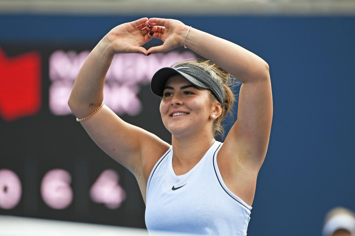 TORONTO, ON - AUGUST 09: Bianca Andreescu (CAN) acknowledges the home crowd after the quarter final match against  Karolina Pliskova (CZE) on August 9, 2019 at Aviva Centre in Toronto, ON. (Photo by Gerry Angus/Icon Sportswire via Getty Images)