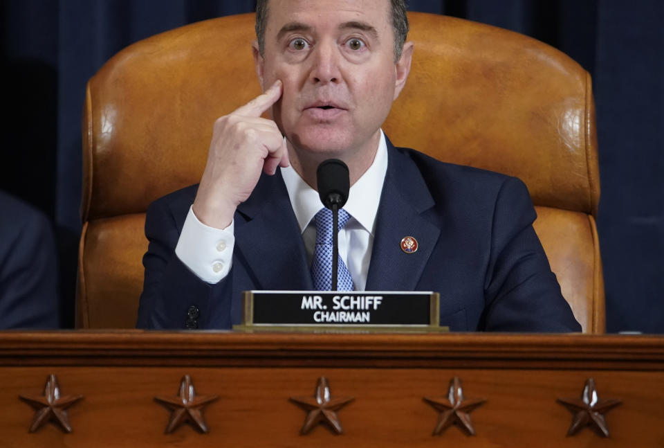 House Intelligence Chairman Adam Schiff  speaks during the House Intelligence Committee hearing featuring witness Marie Yovanovitch, former U.S. ambassador to Ukraine, as part of the impeachment inquiry into U.S. President Donald Trump on Capitol Hill in Washington, U.S., November 15, 2019. (Photo: Joshua Roberts/Pool via AP)