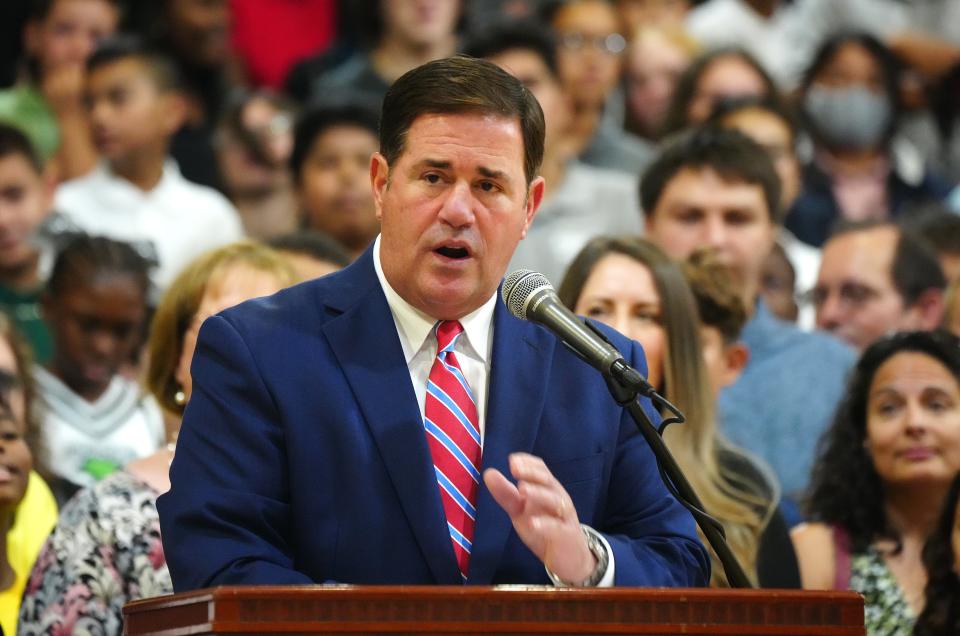 Gov. Doug Ducey talks about the school vouchers legislation during a ceremonial signing of the bill at Phoenix Christian Prep  on Aug. 16, 2022.