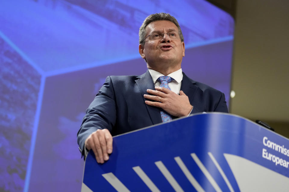 European Commissioner for Inter-institutional Relations and Foresight Maros Sefcovic speaks during a media conference regarding trade and Northern Ireland at EU headquarters in Brussels, Wednesday, Oct. 13, 2021. (AP Photo/Virginia Mayo)