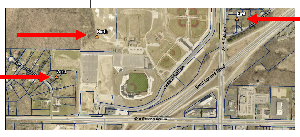 An image shows where three unattended, or fixed, sound monitoring locations are for a six-month sound study looking into noise levels coming from The Rock Sports Complex in Franklin.