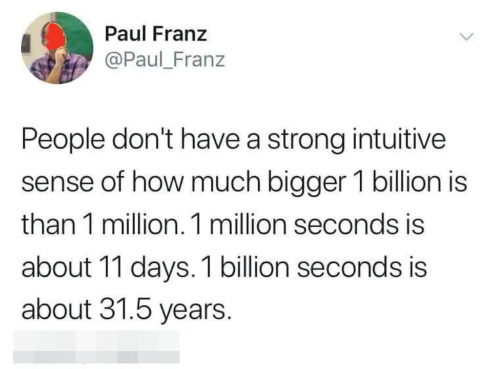 1 billion seconds is about 31.5 years.