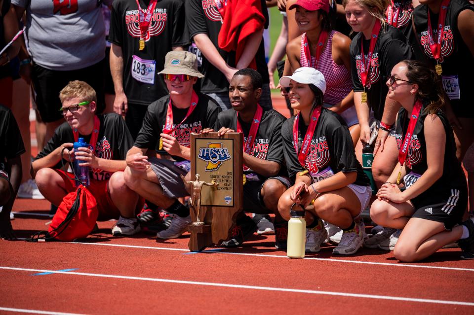 Lafayette Jeff's Unified team poses with its runner-up trophy in the IHSAA state track and field finals at Indiana University on June 4, 2022.