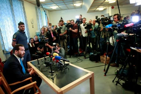 ASAP Rocky's defence lawyer Slobodan Jovicic speaks during a news conference after the first day of ASAP Rocky's trial in the district court in Stockholm