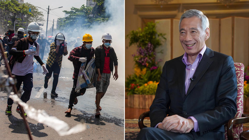 During his interview with the BBC, Singapore's Prime Minister Lee Hsien Loong (right) said that the use of lethal force against demonstrators in Myanmar was 