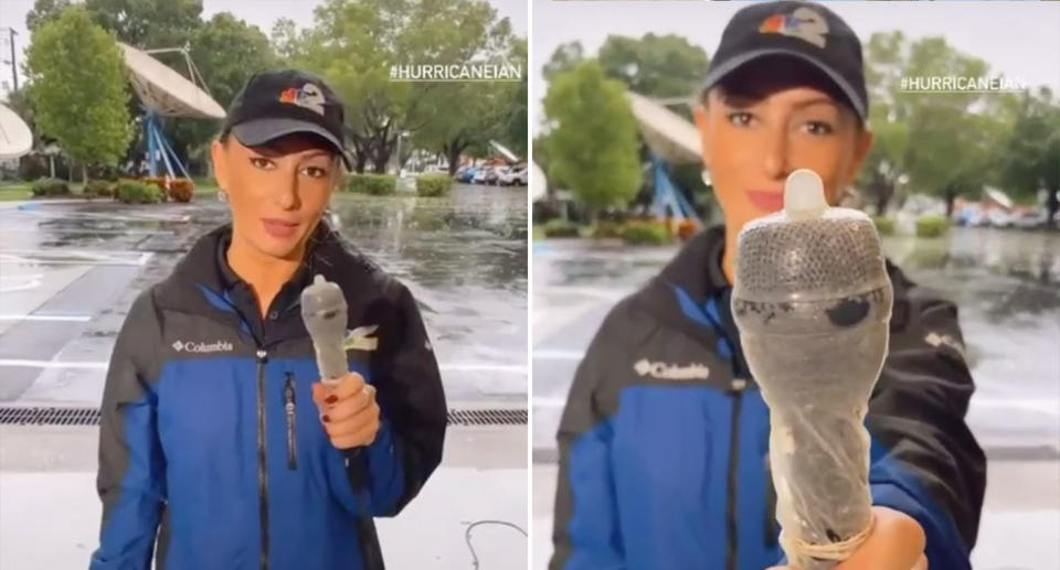 Pictured is the condom on NBC2 journalist Kyla Galer's microphone, while she reports on Hurricane Ian. 