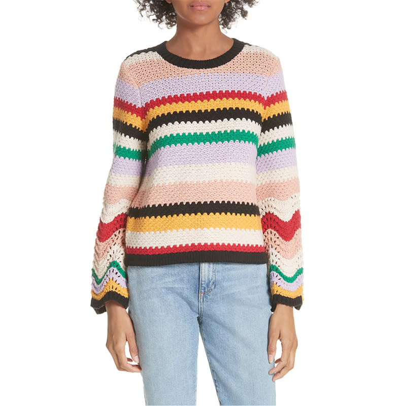 <a rel="nofollow noopener" href="https://go.redirectingat.com?id=86205X1579268&xs=1&url=https%3A%2F%2Fshop.nordstrom.com%2Fs%2Falice-olivia-alivia-stripe-bell-sleeve-cotton-blend-sweater%2F4929749%3Fsiteid%3D30KlfRmrMDo-TeDDKOSHtece_7FFmJKCHw%26origin%3Dcategory-personalizedsort%26breadcrumb%3DHome%252FAnniversary%2520Sale%2520Early%2520Access%252FWomen%252FClothing%26color%3Dmulti%26utm_source%3Drakuten%26utm_medium%3Daffiliate%26utm_campaign%3D30KlfRmrMDo%26utm_content%3D1%26utm_term%3D357613%26utm_channel%3Daffiliate_ret_p%26sp_source%3Drakuten%26sp_campaign%3D30KlfRmrMDo" target="_blank" data-ylk="slk:Alice & Olivia Alice Alivia Stripe Bell Sleeve Cotton Blend Sweater, Nordstrom, $233This vintage-inspired sweater will bring a colorful touch to your wardrobe when the weather gets gloomy.;elm:context_link;itc:0;sec:content-canvas" class="link ">Alice & Olivia Alice Alivia Stripe Bell Sleeve Cotton Blend Sweater, Nordstrom, $233<p><span>This vintage-inspired sweater will bring a colorful touch to your wardrobe when the weather gets gloomy.</span></p> </a>