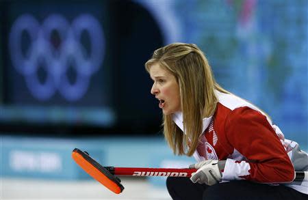 Canada's skip Jennifer Jones competes in their women's gold medal curling game against Sweden at the Ice Cube Curling Centre during the Sochi 2014 Winter Olympics February 20, 2014. REUTERS/Marko Djurica