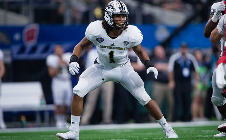 Jan 2, 2017; Arlington, TX, USA; Western Michigan Broncos defensive end Keion Adams (1) in action during the game against the Wisconsin Badgers in the 2017 Cotton Bowl game at AT&T Stadium. The Badgers defeat the Broncos 24-16. Mandatory Credit: Jerome Miron-USA TODAY Sports