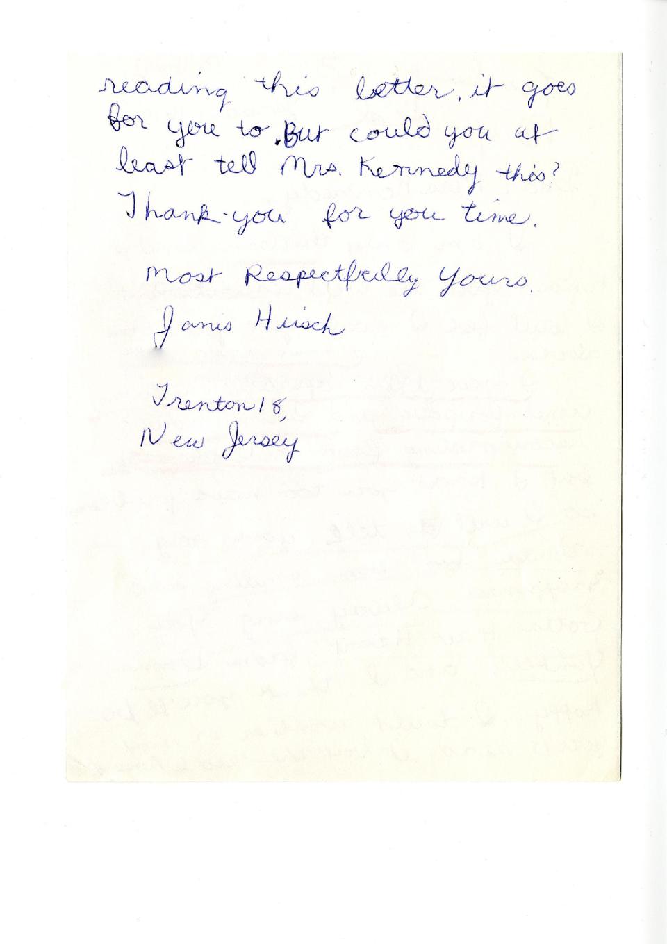 This photo provided by TLC shows the second page of Janis Hirsch's letter to Mrs. Kennedy from the JFK Library. Hirsch's note, among some 800,000 sent to Mrs. Kennedy in the two months after President John F. Kennedy's Nov. 22, 1963, killing in Dallas, is featured along with about 20 others in "Letters to Jackie: Remembering President Kennedy," airing 9 p.m. EST Sunday, Nov. 17, 2013, on TLC. (AP Photo/Courtesy TLC)