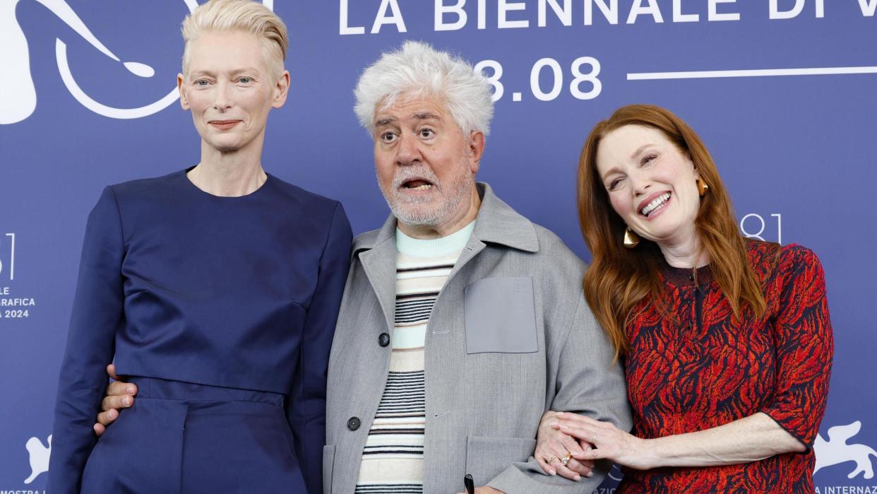 Tilda Swinton (L), Spanish director and screenwriter Pedro Almodovar and US actor Julianne Moore pose at a photocall of 'The Room Next Door' at the 81st annual Venice International Film Festival, in Venice, Italy, 02 September 2024. The movie is presented in the official competition 'Venezia 81' at the festival running from 28 August to 07 September 2024.
81st Venice Film Festival, Italy 