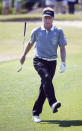 Bernhard Langer reacts after missing a eagle attempt on the 10th hole during the final round of play in the Greater Gwinnett Championship golf tournament of the Champions Tour, Sunday, April 20, 2014, in Duluth, Ga. (AP Photo/John Bazemore)