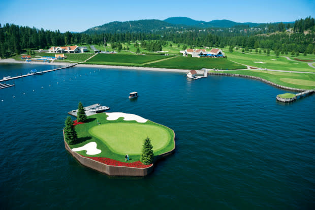 <p>Courtesy Image</p>Coeur d’Alene, ID<p>Don’t be surprised if the pristine park-like conditions at <a href="https://www.cdaresort.com/" rel="nofollow noopener" target="_blank" data-ylk="slk:The Coeur d’Alene Resort;elm:context_link;itc:0;sec:content-canvas" class="link ">The Coeur d’Alene Resort</a> feel like a round reserved for only the poshest of private clubs. They’re <em>that </em>immaculate. Seamlessly melded into northern Idaho’s stunning natural landscape, the Scott Miller-designed track—which debuted in 1991—features one of the most iconic photographs in golf at the par-3 14th hole, the world’s only movable, floating island green. After you snap your Instagram shot (and hopefully knock your actual shot stiff), an electric-powered boat named “Putter” chauffeurs you to the 15,000-square-foot green on Lake Coeur d’Alene, which rotates daily thanks to a computer-controlled cable system.</p><p>The scenic Idaho Panhandle layout is, of course, anything but a one-hole wonder. Take its dramatic roster of lakeside par-3s, for example, three of which are played in the first six holes. You’ll be hard-pressed to find a better back-to-back combo than the aqua-backdropped fifth and sixth holes, a mishmash of exposed rock outcroppings, conifer hallways, a clover-shaped green, and one of the world’s largest formal bunkers. Despite playing just a hair over 6,800 yards, your scorecard will thank you for commissioning a forecaddie at this shotmaker’s paradise. Note to self: Arrive early to hit a bucket of bombs into the lake at its water-based driving range, a treat in and of itself.</p>