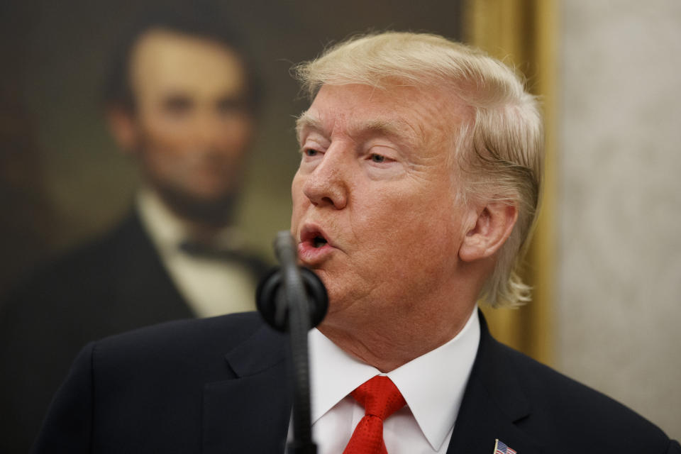 President Donald Trump speaks before presenting the Presidential Medal of Freedom to former NBA basketball player and general manager Jerry West, in the Oval Office of the White House, Thursday, Sept. 5, 2019, in Washington. (AP Photo/Alex Brandon)