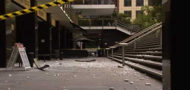 Massive block fell from a high-rise onto a courtyard in Collins Street. Photo: 7News.