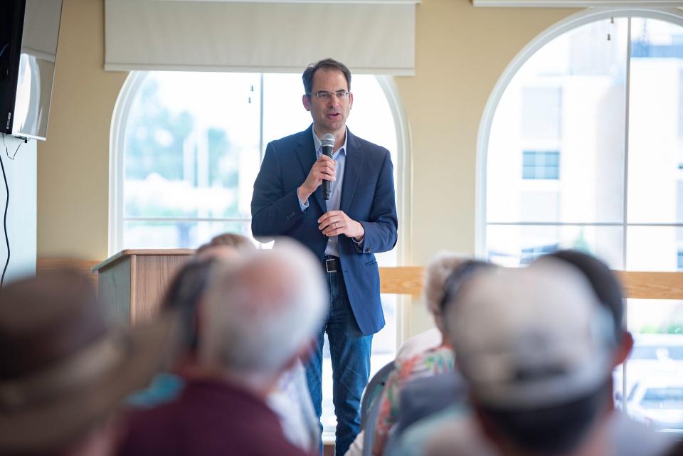 Colorado Attorney General Phil Weiser speaks during a Kroger-Albertsons merger townhall at the Joseph H. Edwards Active Adult Center in Pueblo on Thursday, June 29, 2023.