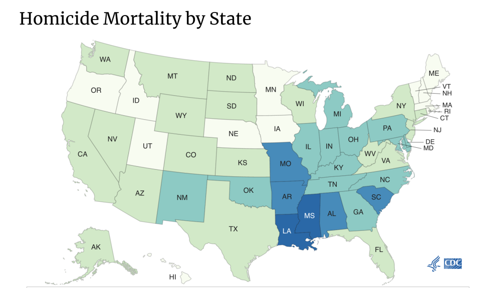 Age-adjusted homicide mortality by state (darker is higher) - Credit: CDC