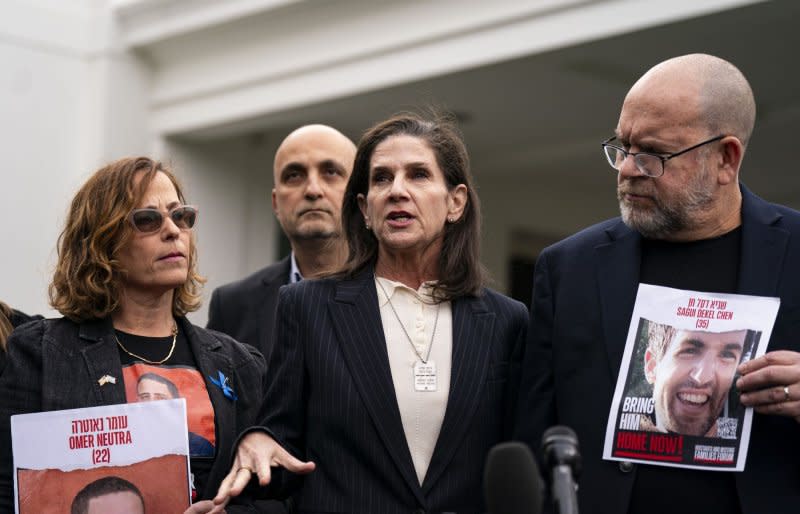 Liz Naftali, great aunt of Abigail More Edan who was kidnapped but returned during the recent hostage release in Israel, speaks to members of the media following a meeting with U.S. President Joe Biden and the families of Americans who were taken hostage by Hamas, at the White House in Washington, D.C., on Wednesday. Photo by Al Drago/UPI