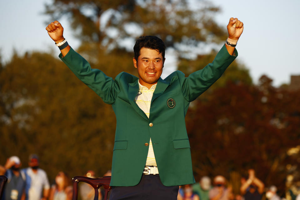 AUGUSTA, GEORGIA - APRIL 11: Hideki Matsuyama of Japan celebrates during the Green Jacket Ceremony after winning the Masters at Augusta National Golf Club on April 11, 2021 in Augusta, Georgia. (Photo by Jared C. Tilton/Getty Images)