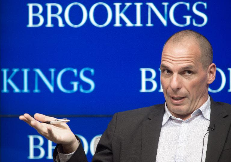 Greek Finance Minister Yanis Varoufakis delivers remarks at the Brookings Institute in Washington, DC on April 16, 2015