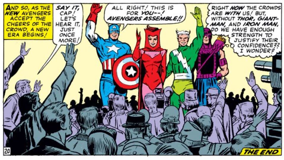 Hawkeye joins the squad of Avengers known as "Cap's Kooky Quartet."