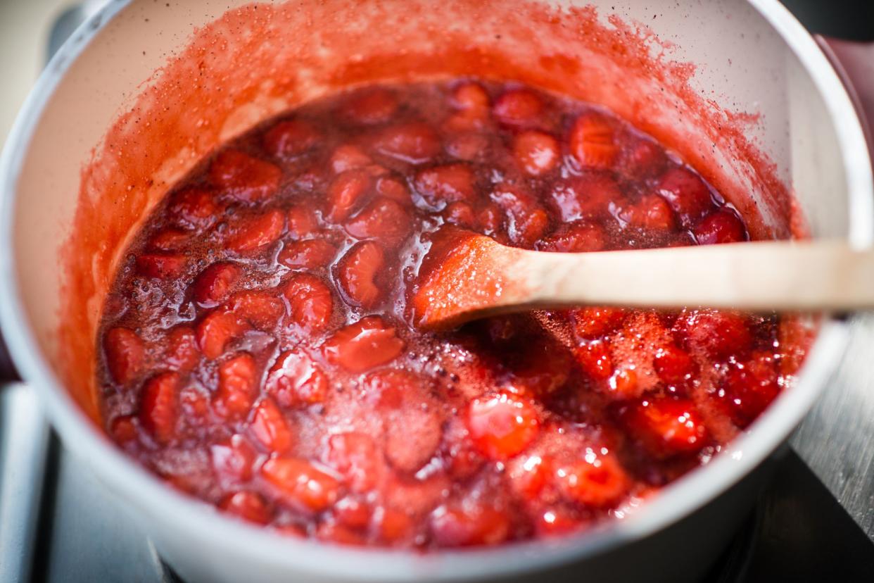 close-up of a simmering homemade strawberry jam