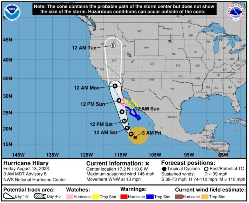 Category 4 Hurricane Hilary on Aug. 18, 2023 with 145 mph winds.