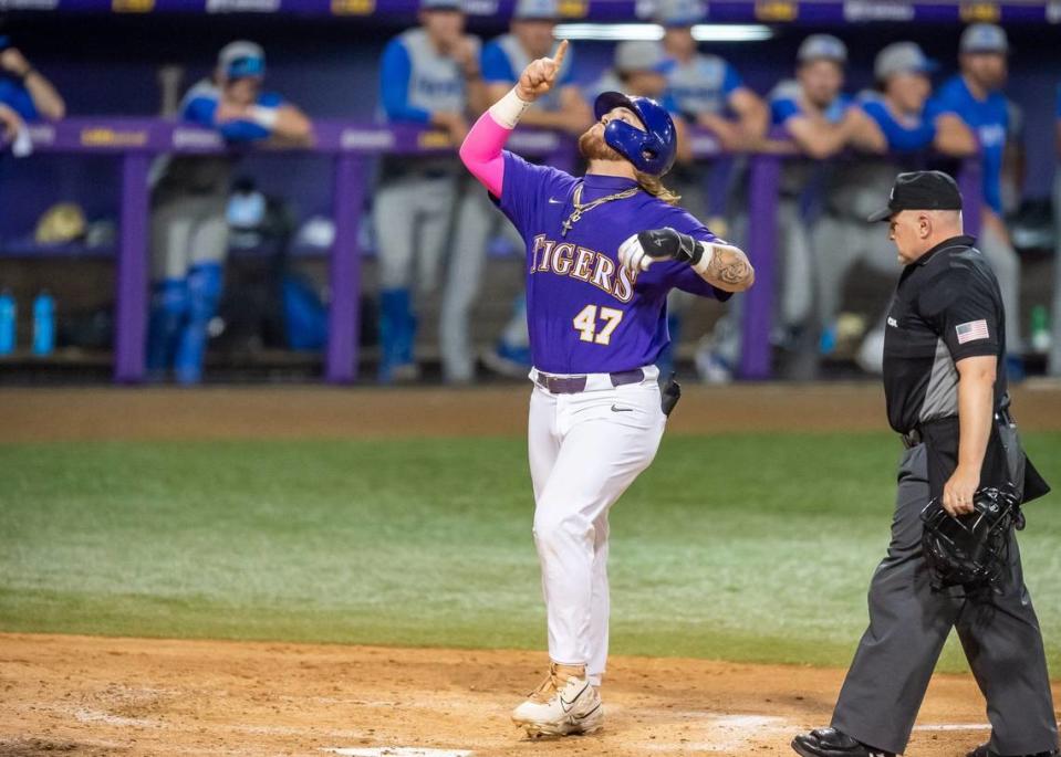 Tommy White celebrates a home run against Kentucky during last year’s NCAA Tournament super regional in Baton Rouge, Louisiana. White finished the 2024 regular season with a team-leading .341 batting average while also topping the Tigers with 23 home runs and 63 RBI.