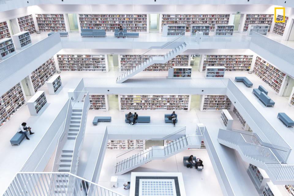 "The modern interior of the city library in Stuttgart. With its wide-open space in the center, where natural light comes from through the windows on the top, it has a very unique atmosphere where you can broaden your knowledge." ― <a href="http://yourshot.nationalgeographic.com/profile/270469/" target="_blank">Norbet Fritz</a>&nbsp;(<a href="http://travel.nationalgeographic.com/photographer-of-the-year-2017/gallery/winners-all/16" target="_blank">First place winner, Cities</a>)